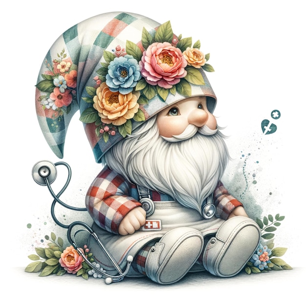 Floral Nurse gnome with stethoscope amp shot with Clipart