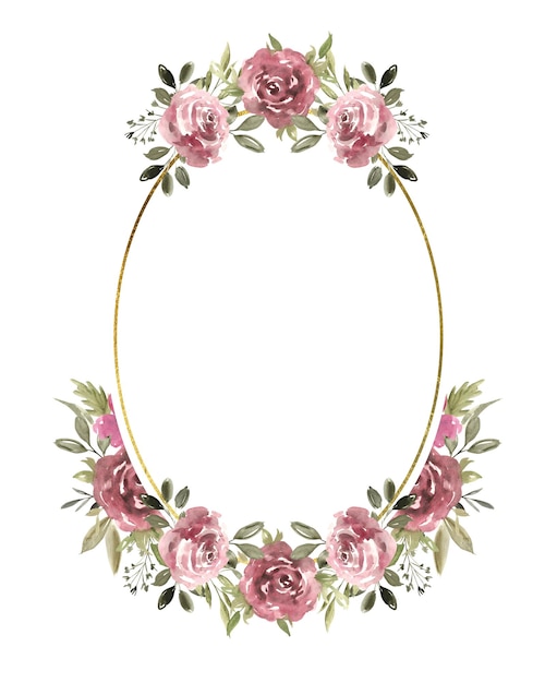 Floral oval frame with beautiful roses and greenery golden texture frame Hand drawn watercolor