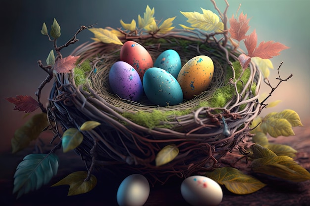 Floral painted Easter eggs and bird nest animal holiday spring background colorful Generative AI