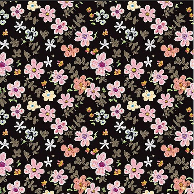 Floral pattern cute flowers black background design with small pin flowers ditsy print