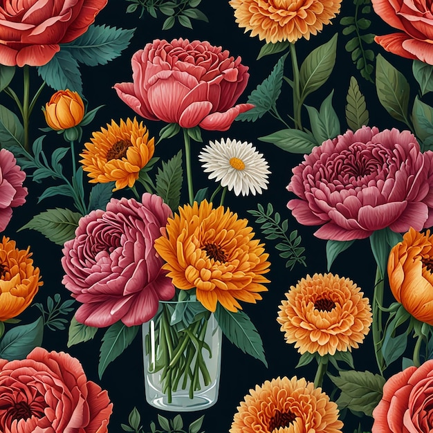 Floral pattern illustration A bunch of colorful flowers on a black background Colourful flowers han