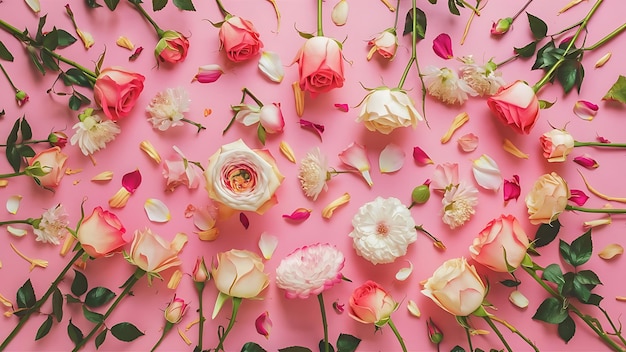 Floral pattern made of roses flowers with leaves on pink background flat lay top view