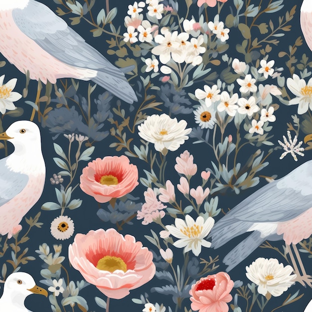 A floral pattern with birds and flowers on a dark background.