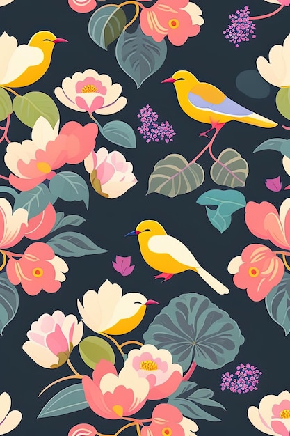 a floral pattern with birds and flowers.