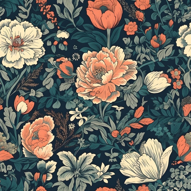 A floral pattern with a blue background and a red flower.