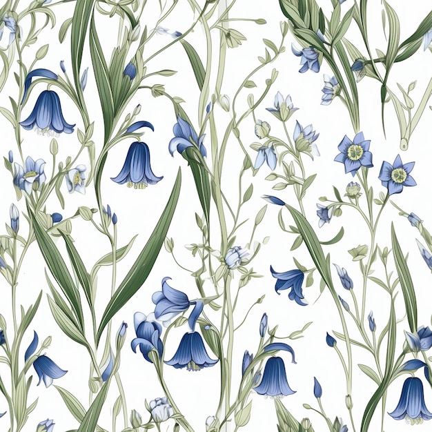 Photo a floral pattern with blue flowers and green leaves.