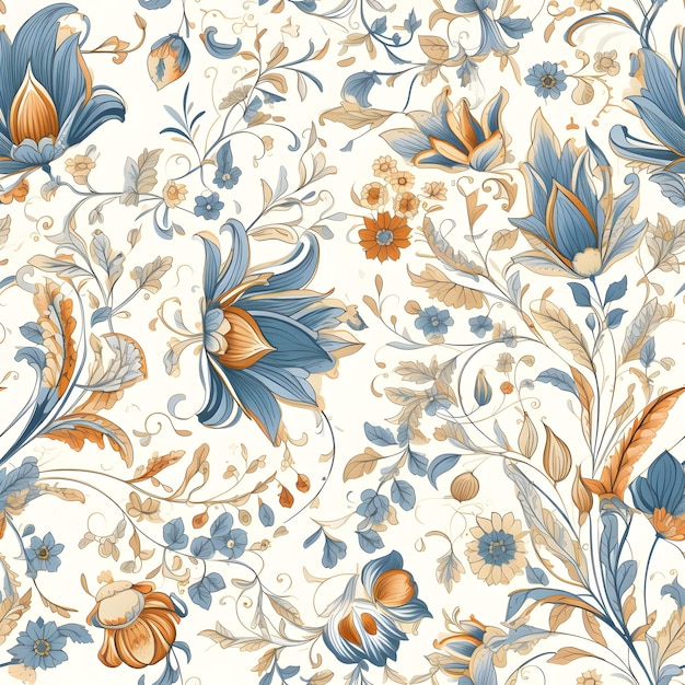 A floral pattern with blue and orange flowers and leaves.