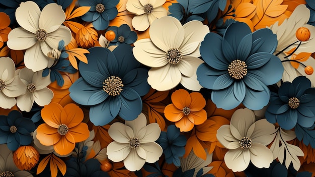 A floral pattern with blue and orange flowers and leaves