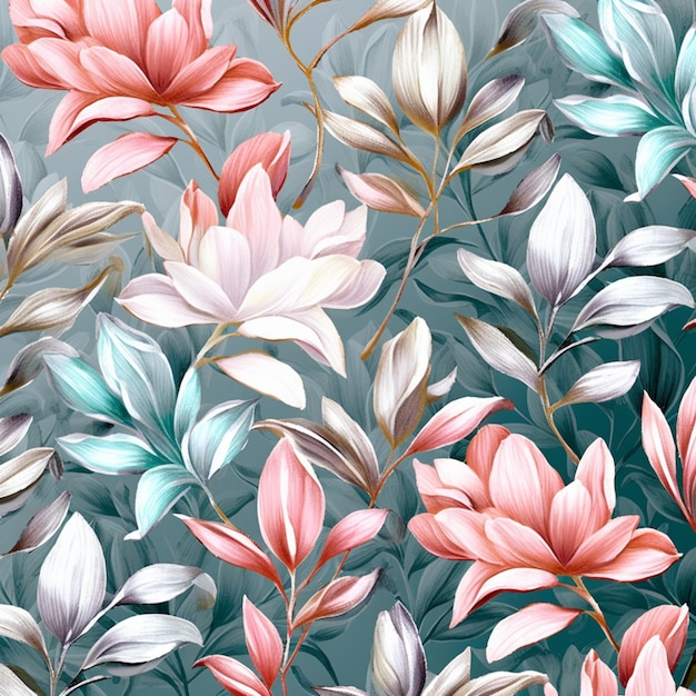 A floral pattern with blue, pink and white flowers.