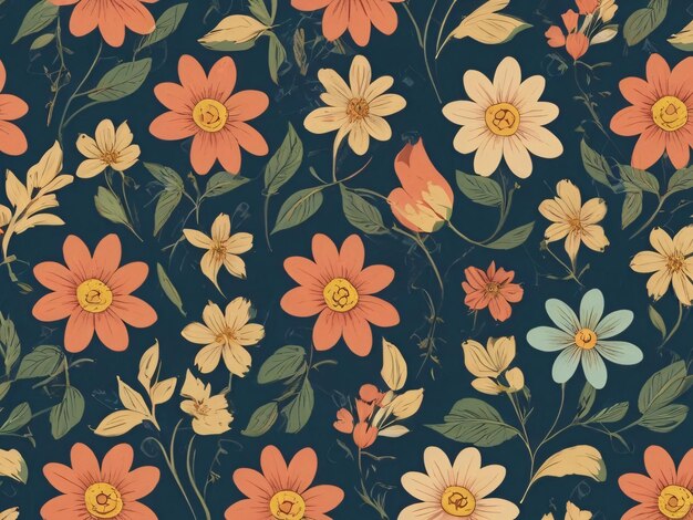 a floral pattern with a blue pink and yellow flowers