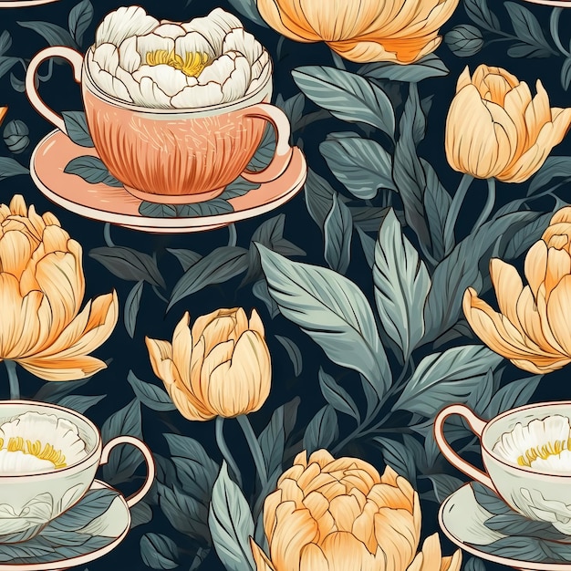 A floral pattern with a cup and flowers