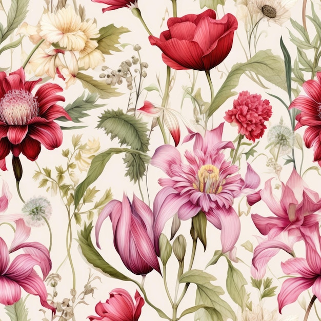 a floral pattern with different flowers on it.