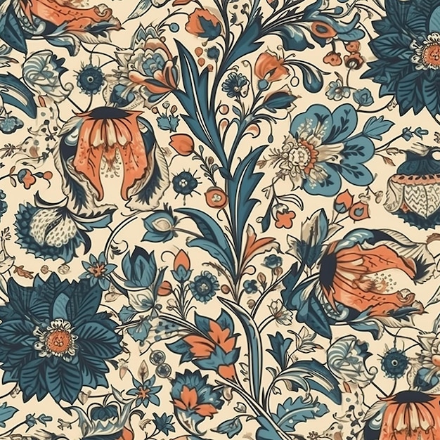 A floral pattern with flowers and birds.