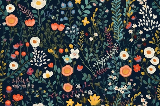 A floral pattern with flowers and leaves on a dark background.