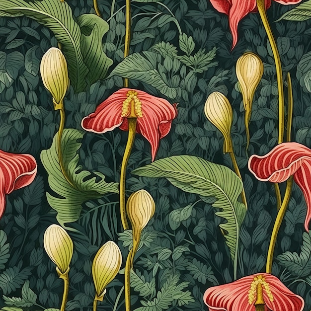 A floral pattern with flowers and leaves