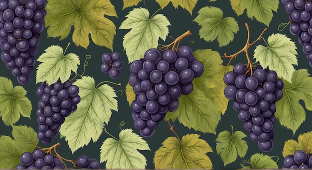 a floral pattern with grapes on a green background