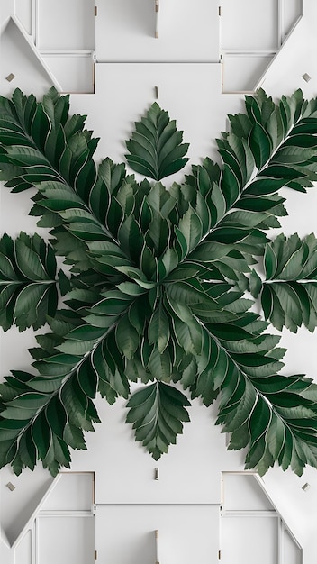 Floral pattern with green leaves on white background top view