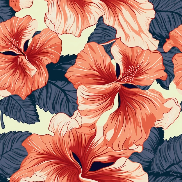 A floral pattern with hibiscus flowers on a beige background.