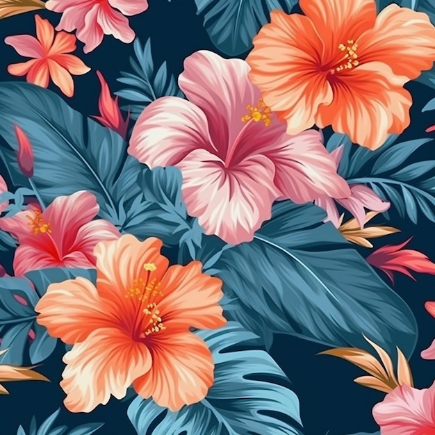 A floral pattern with hibiscus flowers on a dark blue background.