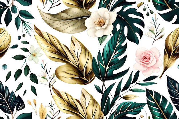 A floral pattern with leaves and flowers on a white background.