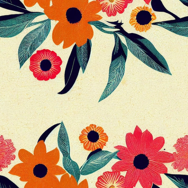 A floral pattern with orange flowers and leaves on a yellow background.