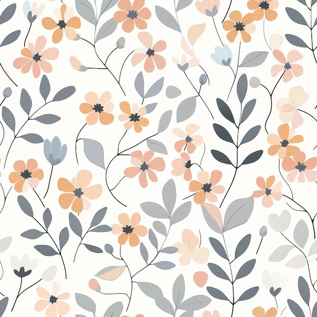 A floral pattern with orange and gray flowers and leaves