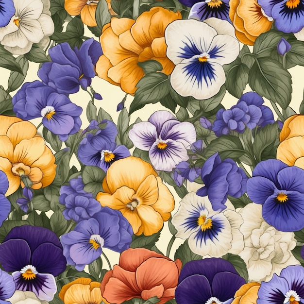 A floral pattern with pansies and leaves.