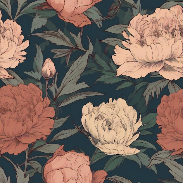 A floral pattern with peonies on a dark blue background.