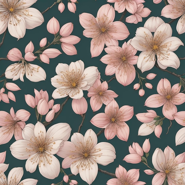 A floral pattern with pink flowers on a green background.