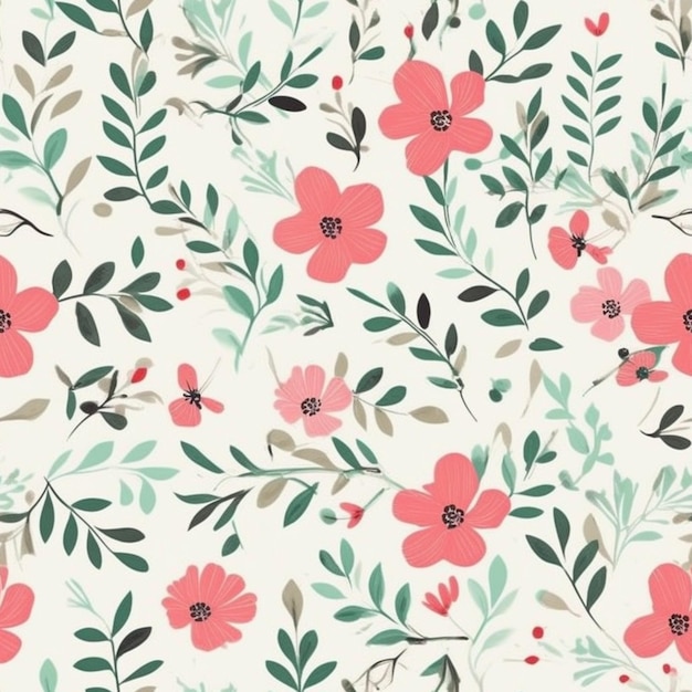 A floral pattern with pink flowers and green leaves generative ai