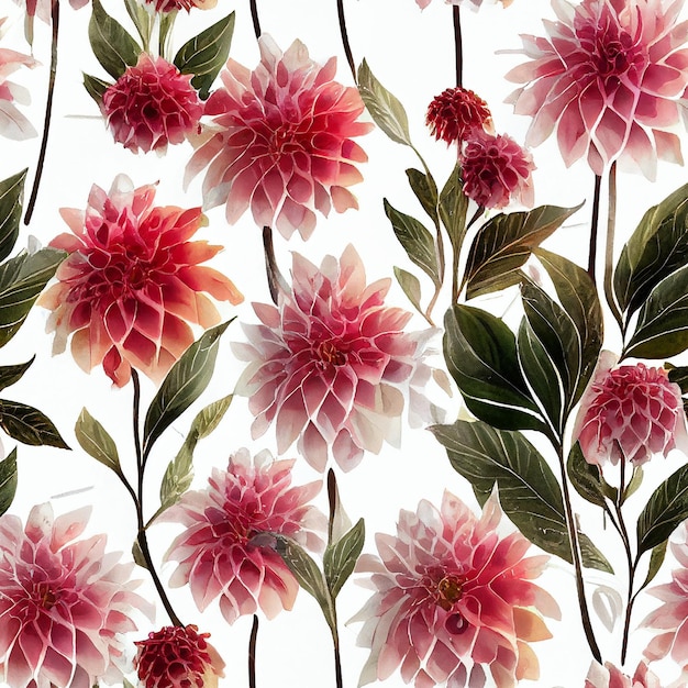 A floral pattern with pink and red flowers and leaves.