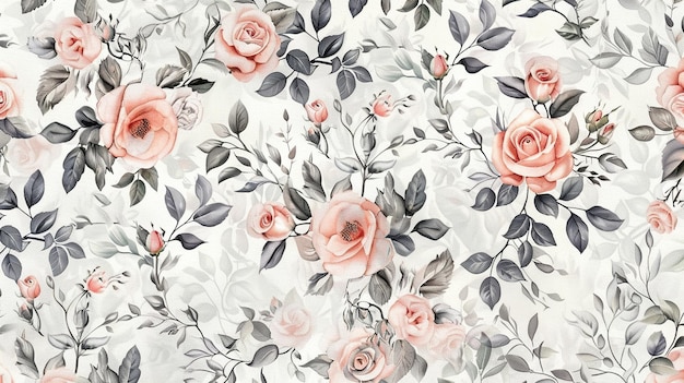 Floral Pattern with Pink Roses and Gray Leaves Romantic Vintage Design for Textiles Wallpaper