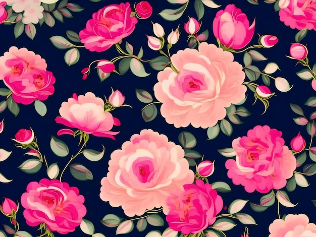 A floral pattern with pink roses and green leaves.