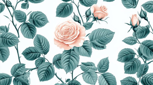 Photo floral pattern with pink roses and teal leaves