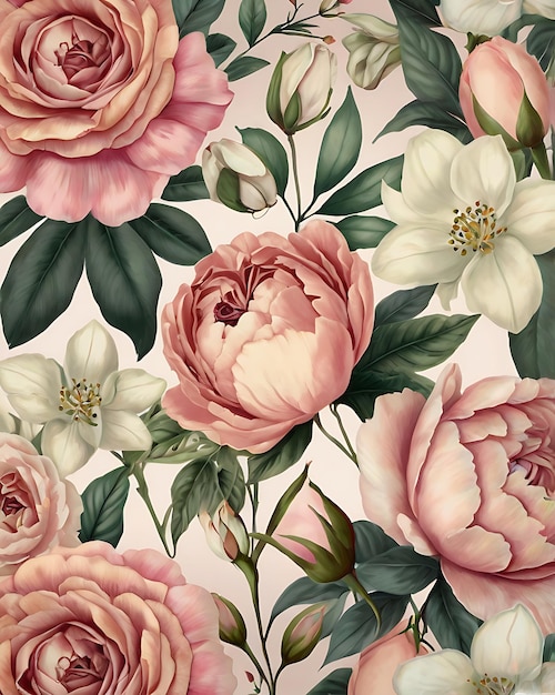 a floral pattern with pink roses