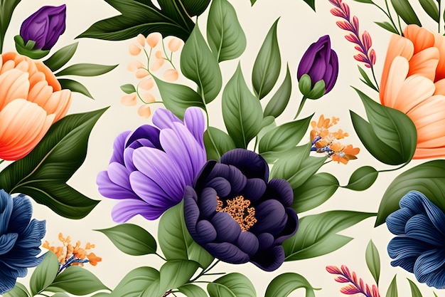 A floral pattern with purple flowers and green leaves.