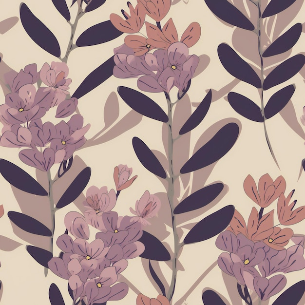 A floral pattern with purple flowers and leaves.