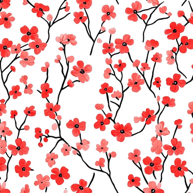 a floral pattern with red flowers and black branches