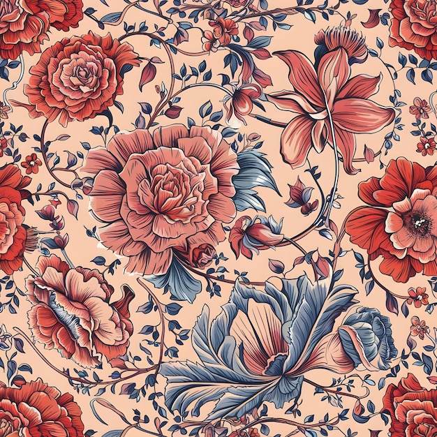 a floral pattern with red flowers and leaves