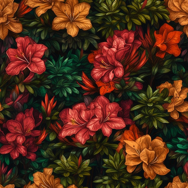 A floral pattern with red and orange flowers and leaves.