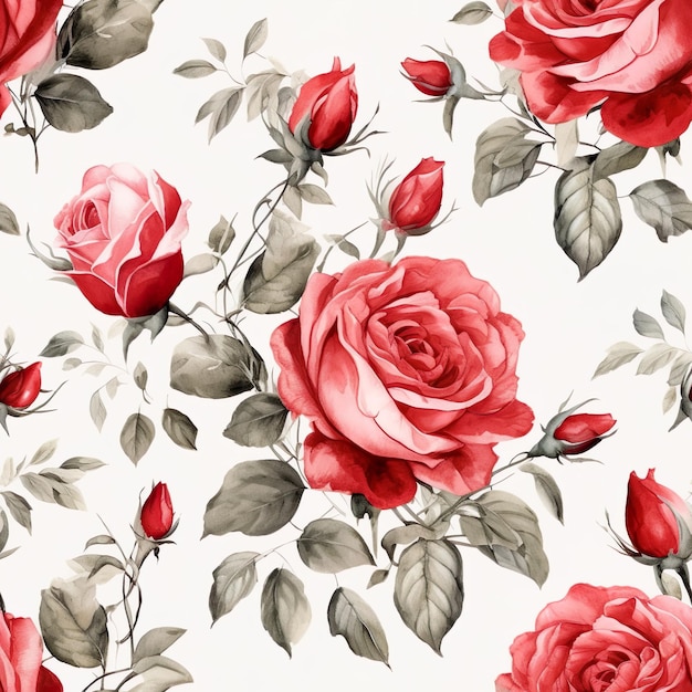 A floral pattern with red roses on a white background