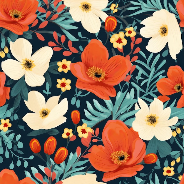 A floral pattern with red and white flowers and leaves.