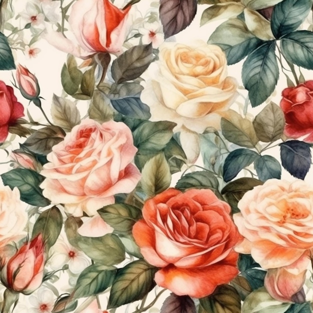 A floral pattern with roses and leaves.