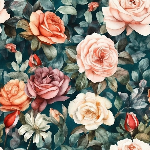 A floral pattern with roses and leaves.