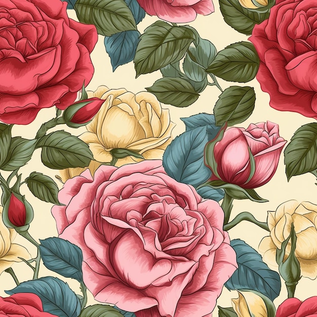 A floral pattern with roses and leaves.