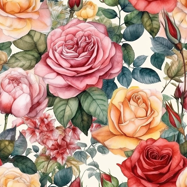 A floral pattern with roses and leaves.