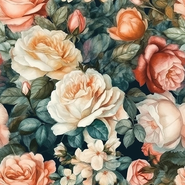 A floral pattern with roses and leaves.