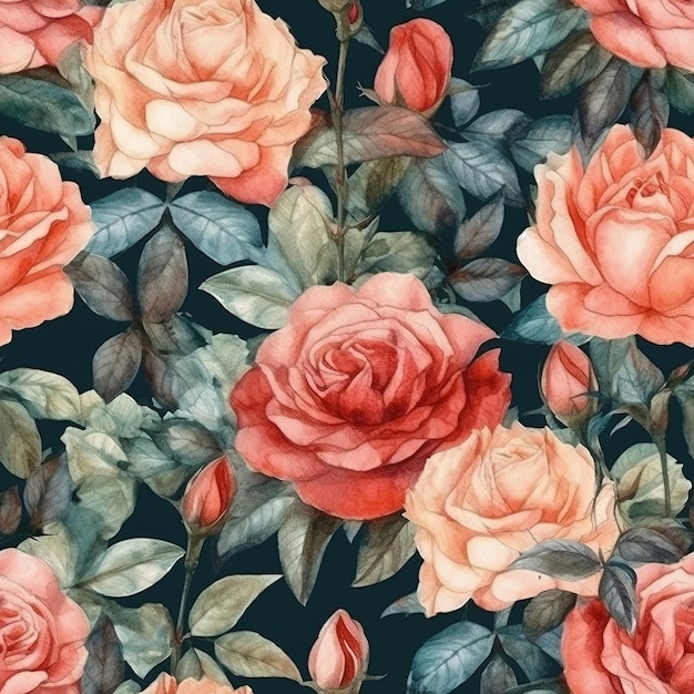 A floral pattern with roses and leaves.