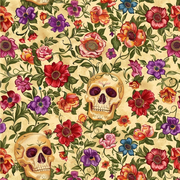 a floral pattern with a skull and flowers