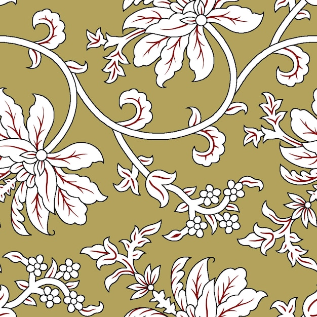 Photo a floral pattern with a white flower and leaves olive background